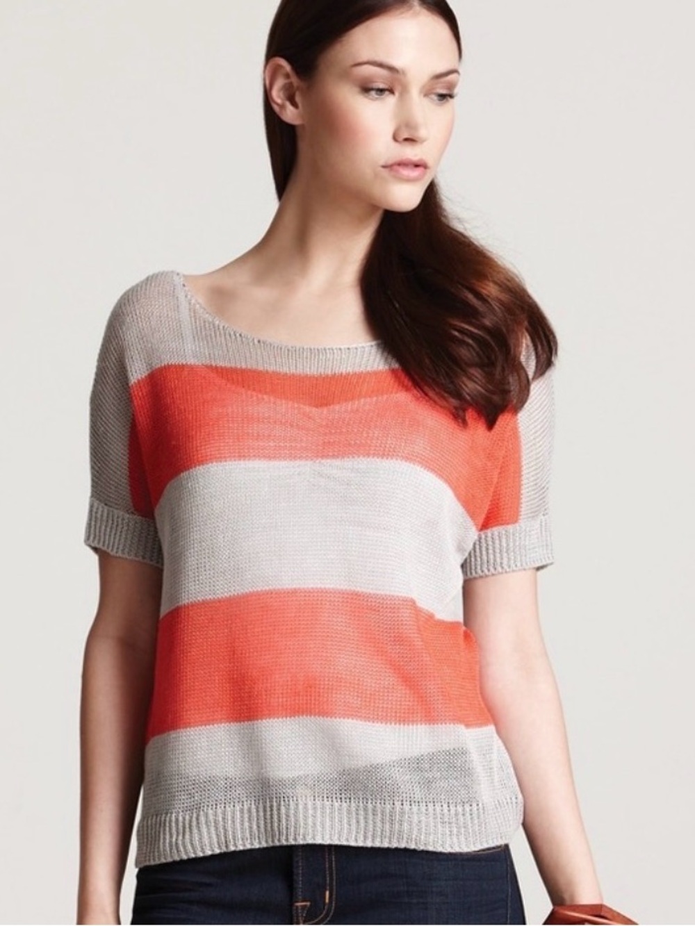 Theory Coral & Gray Striped Sweater
